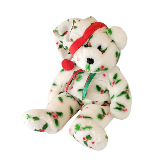 2002 Ty Beanie Buddies Holly Teddy Bear Christmas Plush 14" Red Green Hat - Picture 9 of 13